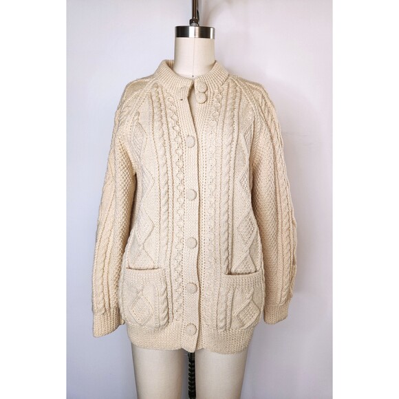 Chunky Cable Hand Knitted WOOL Sweater Cardigan w/Pockets Fisherman Ireland XS S - Picture 7 of 10